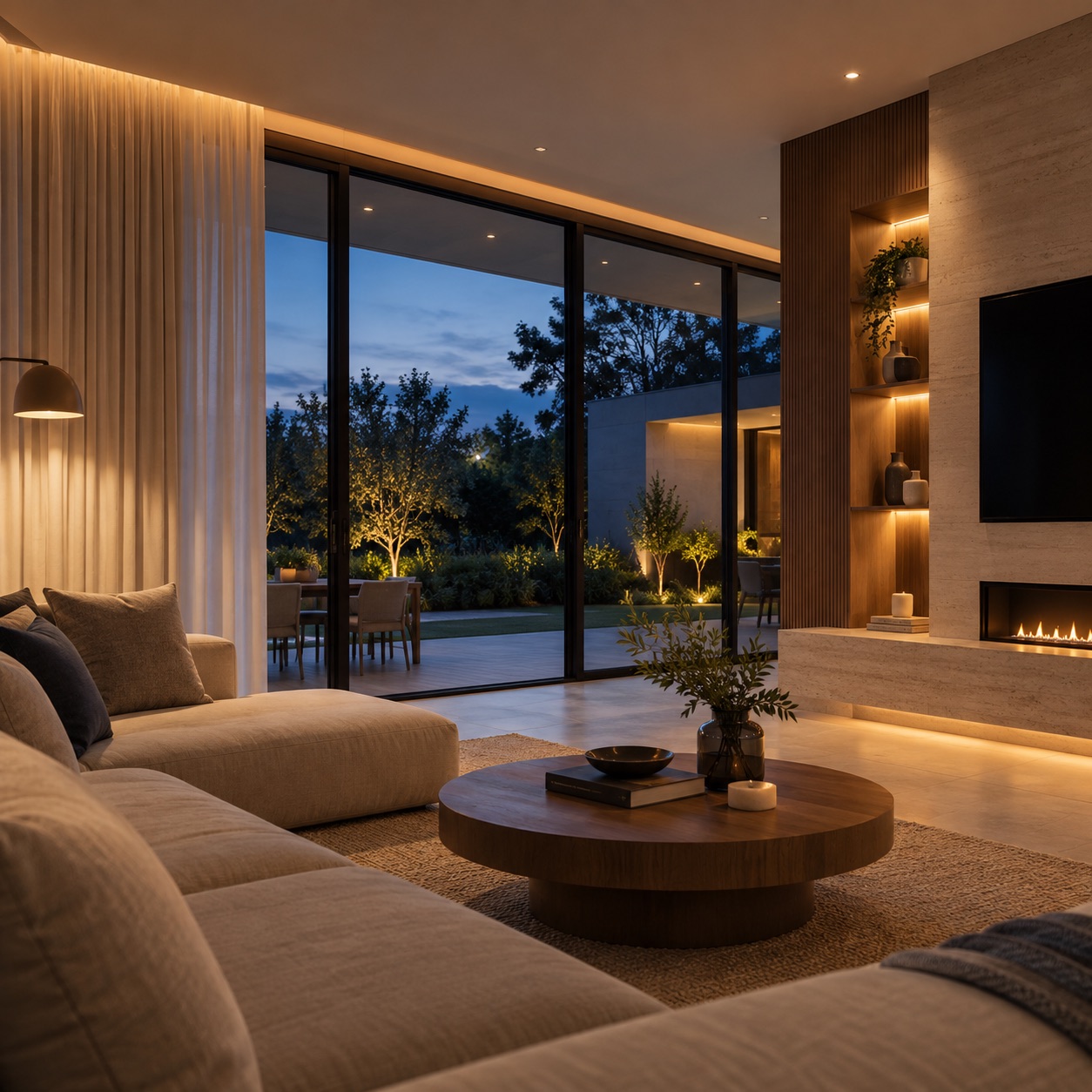 Living residencial con iluminación y cortinas automatizadas