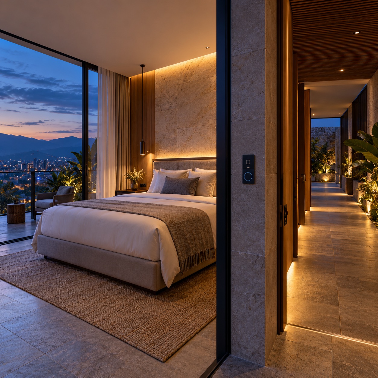 Habitación y pasillo de hotel con automatización integrada