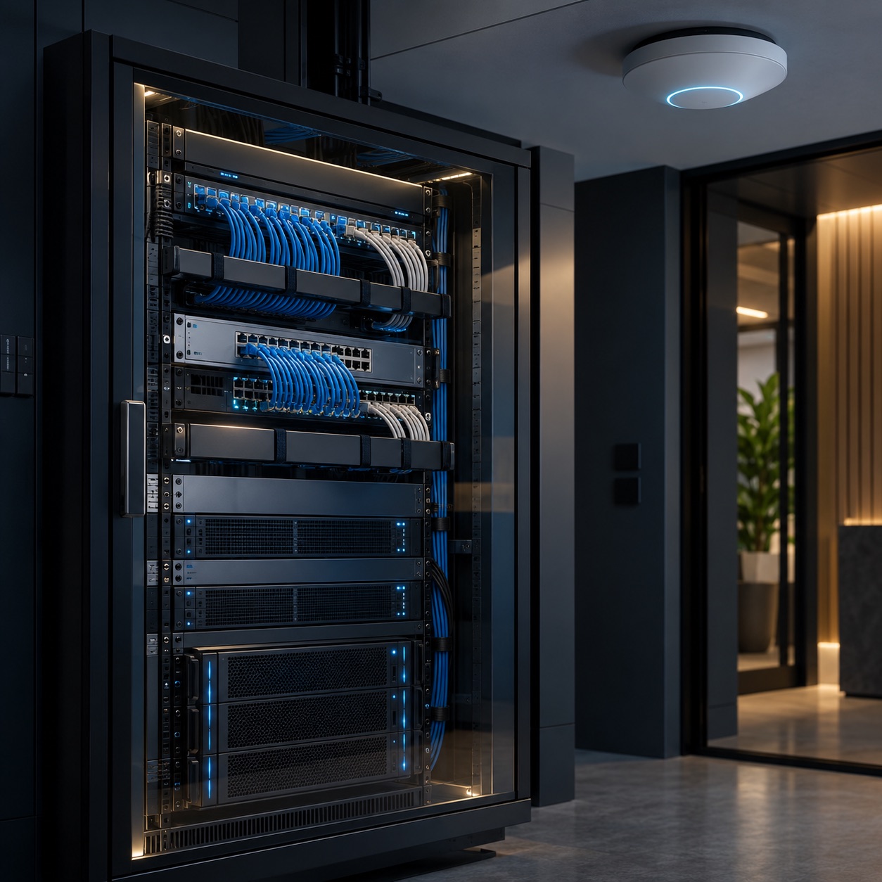 Gabinete profesional de redes con cableado organizado