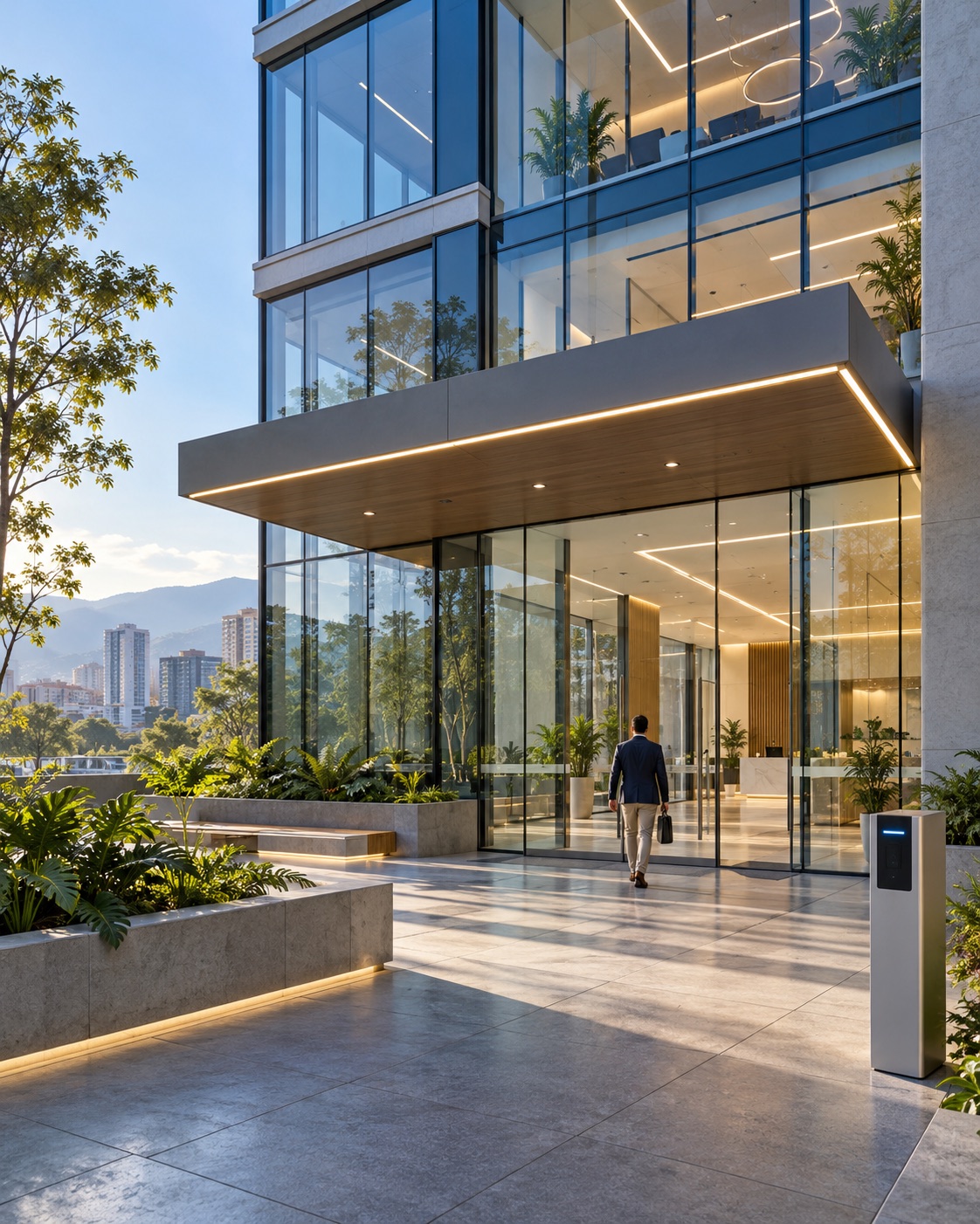 Edificio corporativo con iluminación y acceso inteligente