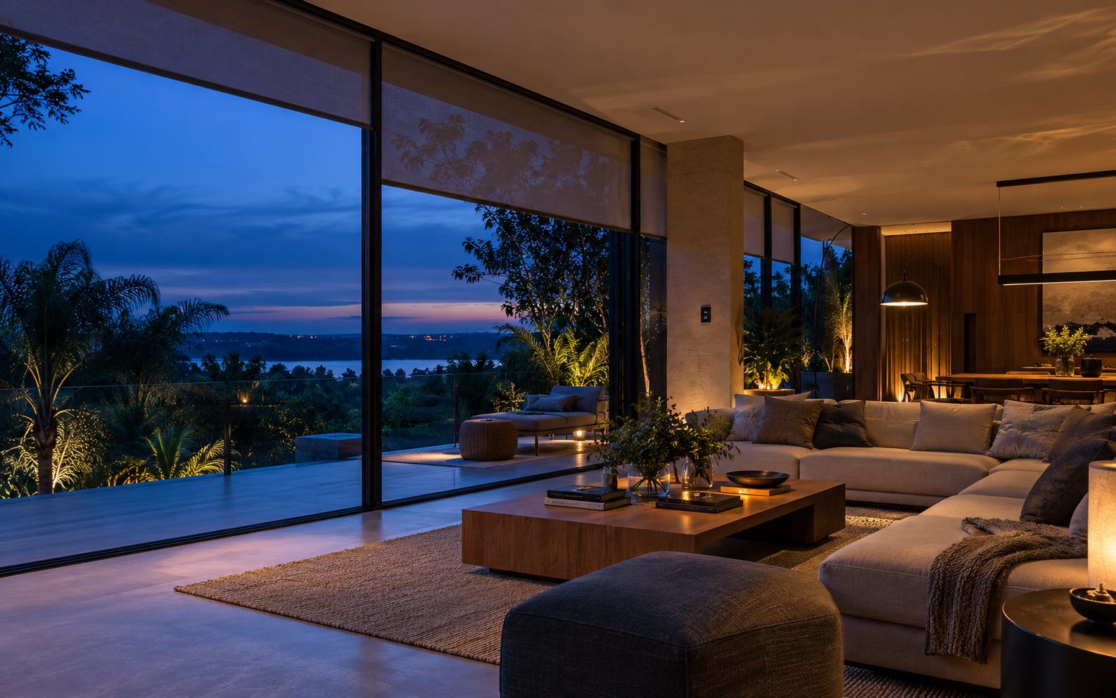 Living contemporáneo con iluminación y cortinas automatizadas